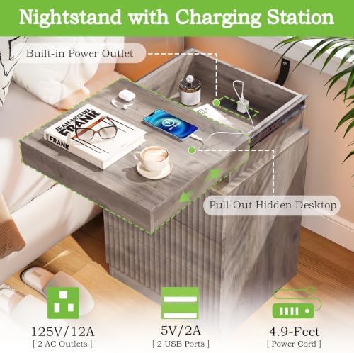 Fluted LED Night Stand with Charging Station, Wood Grey - Image 4