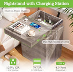 Fluted LED Night Stand with Charging Station, Wood Grey - Image 4