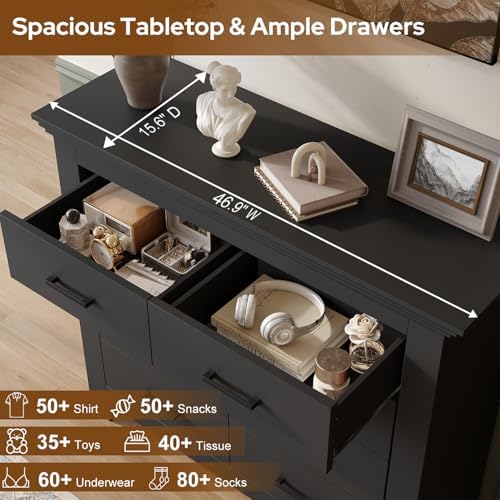 8 Drawer Dresser for Bedroom, Wood Dresser Chests of Drawers with Metal Handle, Double Wide Dressers, Vintage Design Storage Chest Cabinet and Organizer Drawers for Closet, Hallway, Entryway, Black - Image 6
