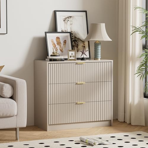 Furniway Beige Dresser for Bedroom, Modern Dresser with 3 Drawers and Smooth Slides, Wide Chest of Drawers with Golden Handles for Bedroom, Living Room, Closet, 15.7" D x 31.5" W x 29.6" H by Furniway