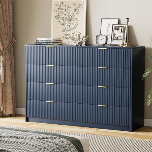 Furniway Navy Blue Dresser for Bedroom, Modern Dresser with 8 Drawers and Smooth Slides, Wide Chest of Drawers with Golden Handles for Bedroom, Closet, 15.7" D x 55" W x 37.4" H - Image 4