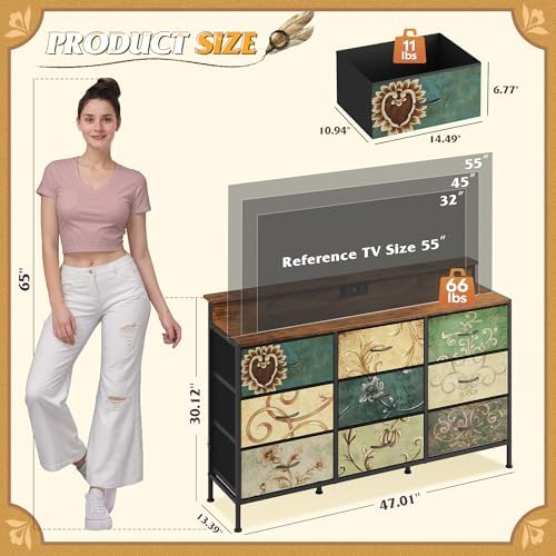 WLIVE Dresser TV Stand 9-Drawer, Fabric Chest of Drawers LED Lights, Floral - Image 2