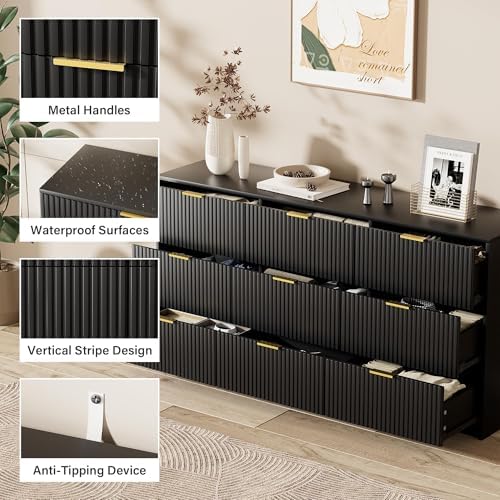 Furniway Black Dresser for Bedroom, Modern Dresser with 9 Drawers and Smooth Slides, Wide Chest of Drawers with Golden Handles for Bedroom, Living Room, Closet, 15.7" D x 63" W x 31.5" H - Image 3