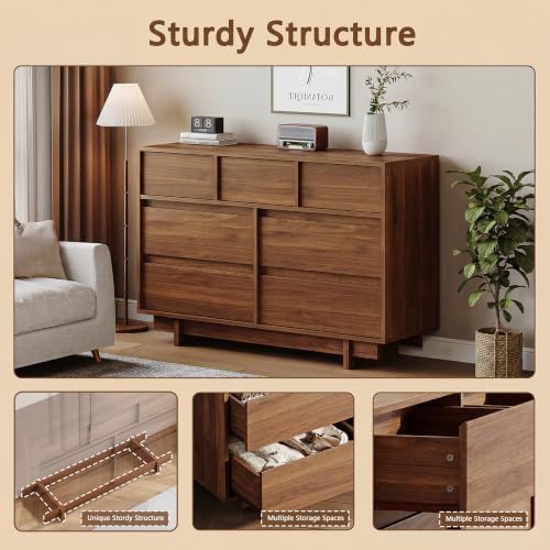 HOUROM Walnut Dresser for Bedroom, 51in Modern 7 Drawer Chest of Drawers - Image 3