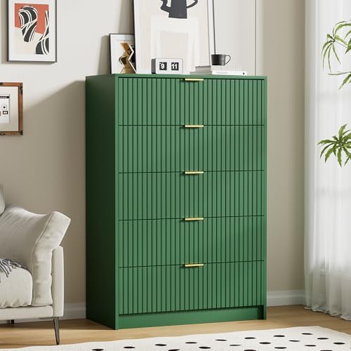 Furniway Green Dresser for Bedroom, Modern Dresser with 5 Drawers and Smooth Slides, Wide Chest of Drawers with Golden Handles for Bedroom, Living Room, Closet, 15.7" D x 31.5" W x 47.2" H by Furniway