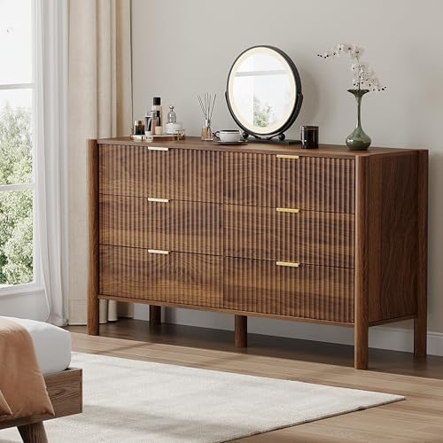 55in Walnut Fluted 6 Drawer Dresser for Bedroom,Mid Century Wood Chest - Image 6