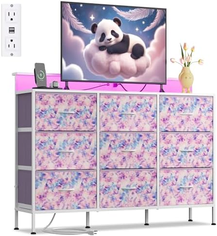 WLIVE Dresser TV Stand 9 Drawers, Fabric Chest LED Lights, Tie-dye by WLIVE
