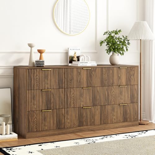9 Drawer Fluted Dresser for Bedroom with Deep Drawers, Walnut丨63 Wide Wood Dresser, Large Chest of Drawers, Modern Long TV Stand, Storage Cabinet Side Table for Living Room, Hallway by Provideyouwithbestproduct%EF%BC%81