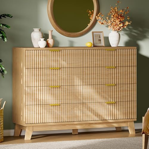Xixini Fluted Dresser with 8 Drawers, 54" Wide Modern Chest of Drawers with Metal Handle, Wooden Dresser TV Stand, Wood Closet Clothes Storage Organizer for Bedroom, Living Room, Hallway, Natural Oak by Xixini