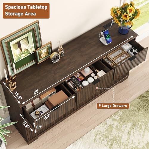 Squireewo Fluted 9 Drawers Dresser for Bedroom, 63" Wide Modern Chest of Drawers with Power Outlet and Deep Drawers, Large Dresser TV Stand for Living Room, Hallway, Kids Room, Brown - Image 5