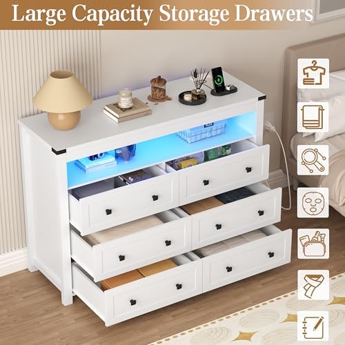 Wodeer White Dresser 6 Drawer Dressers for Bedroom with LED Lights, Charging Station, Wood Chest of Drawers with Metal Handles, Modern TV Stand Storage Cabinet for Living Room, Hallway, Entryway - Image 6