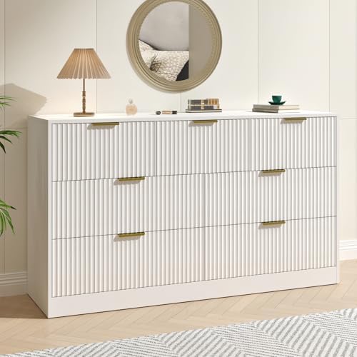 White Dresser with 7 Drawer 55" Wide Fluted Dresser for Bedroom丨Modern Chest of Drawer with Metal Handles, Wood TV Stand for Bedroom, Living Room, Entryway, Hallway, White by NOVAMAISON