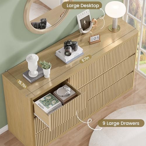 Standifurno Fluted 9 Drawers Dresser, 57" Wide Dresser for Bedroom, Modern Chest of Drawers with Curved Profile, Handleless, Wood Large Dressers TV Stand with Organizer Storage, Living Room, Natural - Image 6