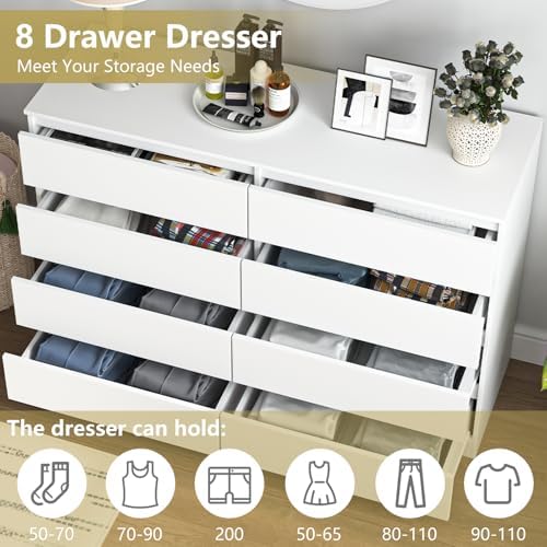 White 8 Drawer Dresser for Bedroom,Modern Large Dresser with Deep Drawer,Wide Storage Chest of Drawer for Closet, Bedroom Storage Furniture Drawers for Living Room - Image 5