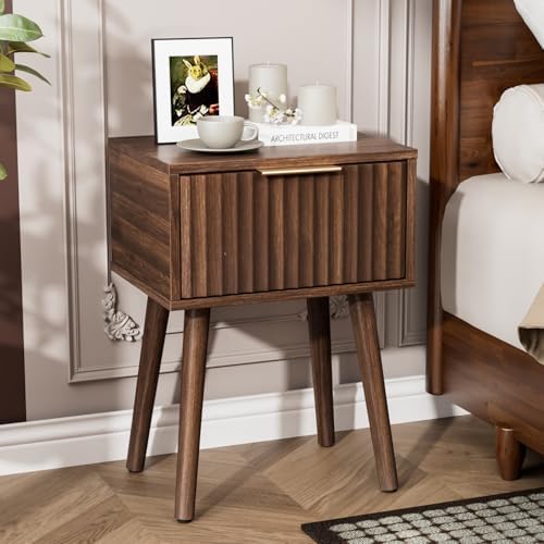 VINGLI Night Stand Set 2, Fluted Nightstands with Drawer, Mid Century Modern Nightstands Set of 2, Bedside Table, End Table, Wood Nightstand for Bedroom, Walnut, 15.75" W*11.81" D*21.85" H - Image 3