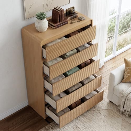 Oak Fluted 5 Drawer Dresser for Bedroom,47" Tall Modern Chest of Drawer - Image 3