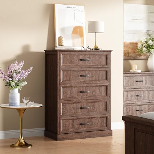 CARPETNAL Farmhouse 5 Drawer Dresser for Bedroom, 44" Tall Brown Dresser. - Image 4