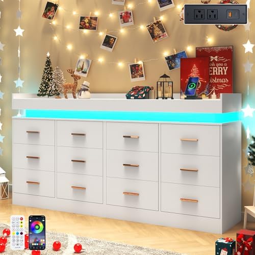 Hlivelood 12 Drawer Dresser with LED Light and Charging Station, Modern Chest of Drawers for Closet, Wide Drawer Organizer Cabinet, Living Room, Entryway, Hallway, White - Image 4