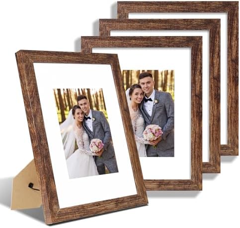Hongkee 9x12 Picture Frame Set of 4, Made of Glass and Rustic Brown Wooden Frame - Display Picture 6x8 with Mat or 9 x 12 Without Mat, 9 by 12 Photo for Wall or Tabletop by Hongkee