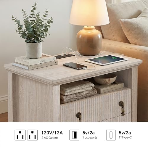 FUSUNBAO Fluted Nightstand with Charging Station & 2 Drawers,Nature Oak - Image 4