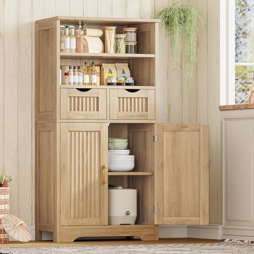 Iwell Tall Storage Cabinet, Fluted Cabinet with 2 Drawers & Adjustable Shelf, Bathroom Storage Cabinet, Kitchen Pantry Storage Cabinet, for Living Room, Dining Room, Home Office, Natural Oak - Image 6