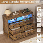 Wodeer Brown Dresser 6 Drawer Dressers for Bedroom with LED Lights, Charging Station, Wood Chest of Drawers with Metal Handles, Modern TV Stand Storage Cabinet for Living Room, Hallway, Entryway - Image 6