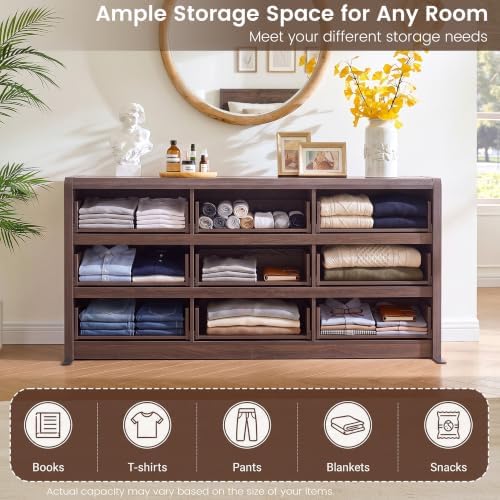 63” Wide Dresser for Bedroom, 9 Drawer Dresser, Walnut Dresser, Rounded Corner Safe & Handleless Design, Large Wooden Dresser for Hallway, Modern Farmhouse Style - Image 5