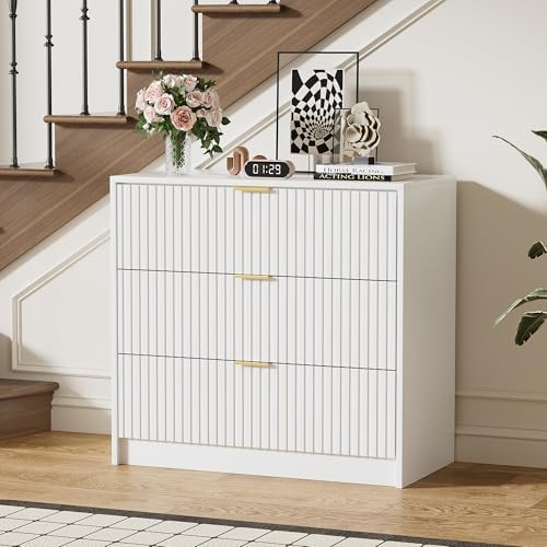 Furniway White Dresser for Bedroom, Modern Dresser with 3 Drawers and Smooth Slides, Wide Chest of Drawers with Golden Handles for Bedroom, Living Room, Closet, 15.7" D x 31.5" W x 29.6" H - Image 7