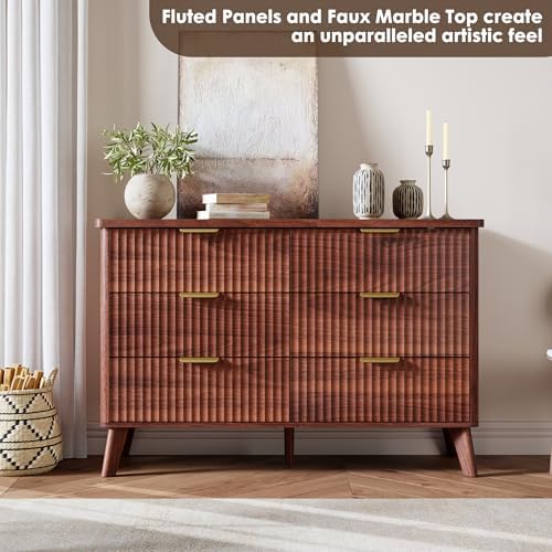 GarveeHome Fluted Dresser for Bedroom with 6 Deep Drawers, Walnut - Image 4