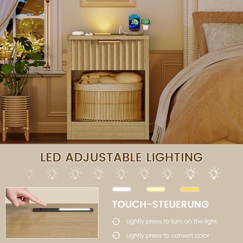 TEENFON Fluted Nightstands Set of 2, Bed Side Table with Charging Station and LED Light, Night Stand with Storage Drawer and Open Shelf, End Table for Small Space, Bedroom, Natural - Image 4