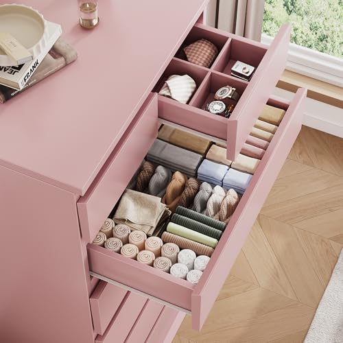 Pink Tall 7 Drawer Dresser for Bedroom, Modern Wood Closet Dressers & Chests of Drawers with Jewelry Storage, 23.6" L*15.8" W*47.5" H in Large Vertical Dresser for Bedroom, Living Room, Nursery - Image 3