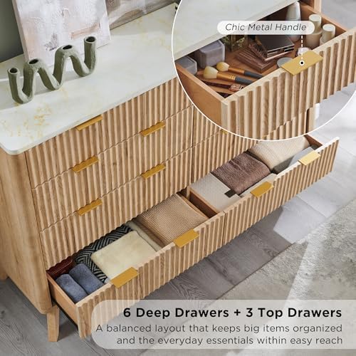 T4TREAM 54" Wide Fluted 9 Drawer Dresser for Bedroom, Natural Oak - Image 5
