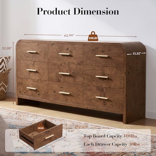 Curved Drawer Dresser for Bedroom with 9 Drawers, 63'' Wide Chest of Drawer - Image 2