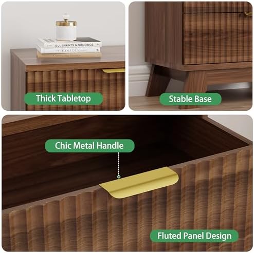 Xixini Fluted Nightstand with 3 Drawers, 24" Wide Side Table, Walnut - Image 4
