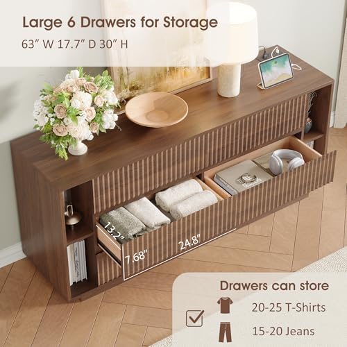 Whalefall 63 Inch Fluted 6 Drawers Dresser with Shelves, Walnut - Image 4