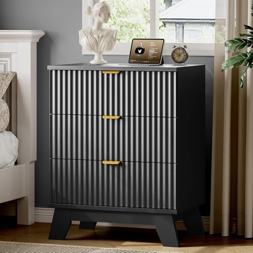 Xixini Fluted Nightstand with Charging Station, Tall Bedside Table, Black by Xixini