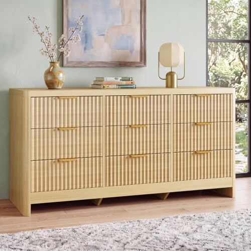 Fluted 9 Drawer Dresser for Bedroom, 59" Horizontal Wide Modern Low Profile Chest of Drawers with Metal Handle & Storage, Long Wooden Dresser TV Stand for Living Room & Closet, Natural Oak Dresser by Varello