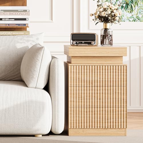 Fluted LED Night Stand with Charging Station, Natural Oak - Image 7