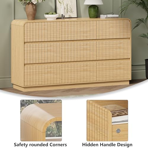 Wodeer Oak Dresser Fluted 9 Drawers Dresser for Bedroom, 59" Wide Wood Chest of Drawers with Hidden Handles & Rounded Corners, Modern TV Stand Storage Cabinet for Living Room, Hallway, Entryway - Image 5