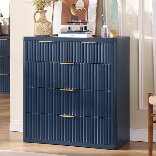 LEYAOYAO Fluted 5 Drawers Dresser for Bedroom Set of 2, 34" Tall Modern Chest of Drawers with Metal Handle, Curved Profile Design,Navy Blue Wood Drawer Organizer for Bedroom, Living Room, Hallway - Image 3