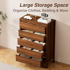 Walnut Dresser for Bedroom, 5 Drawer Dresser with Wood Legs, Tall Wood Dresser, Mid Century Modern Chest of Drawers, Large Storage Bedroom Furniture, Walnut - Image 5