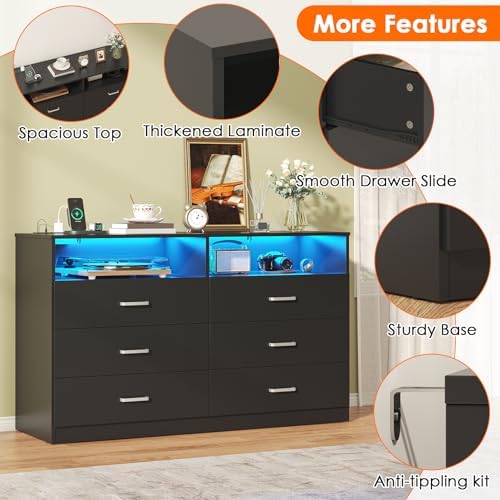Bigbiglife Dresser for Bedroom, 6 Drawer Dresser with Charging Station and Led Light, Modern Chest of Drawers for Bedroom, Living Room,Black - Image 4