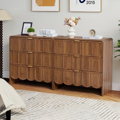 ORRD 3 Drawer Dresser for Bedroom Set of 2, Modern Closet Chest of Drawers with Wave Fluted Drawer, Wood Storage Small Dresser Organizer for Nursery Bedroom Living Room Hallway Closet (Walnut) - Image 5