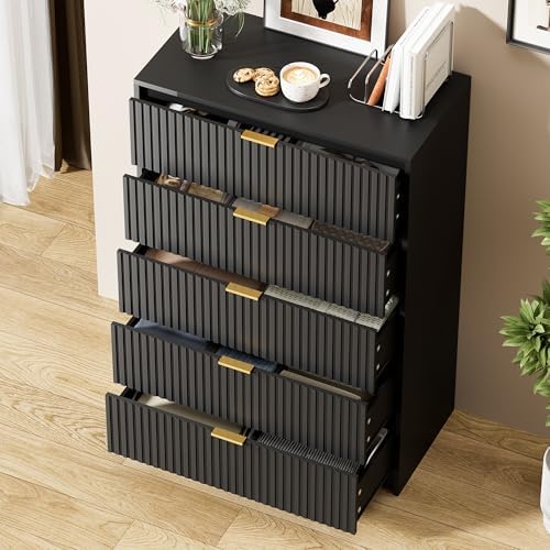 Furniway Black Dresser for Bedroom, Modern Dresser with 5 Drawers and Smooth Slides, Wide Chest of Drawers with Golden Handles for Bedroom, Living Room, Closet, 15.7" D x 31.5" W x 47.2" H - Image 5