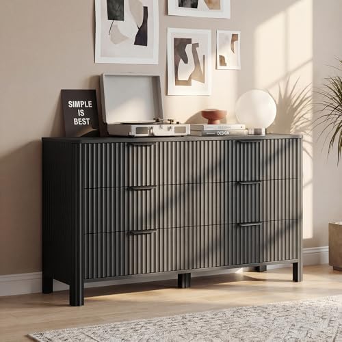 Wodeer 6 Drawer Black Dresser for Bedroom, 47"W Wood Storage Cabinet with Fluted Design, Modern Chest of Drawers & TV Stand for Living Room, Nursery Clothing Organizer with Metal Slides, Anti-Tipping - Image 5