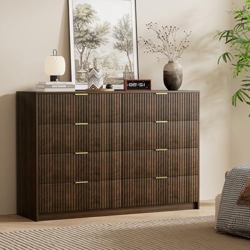 Furniway Walnut Dresser for Bedroom, Modern Dresser with 8 Drawers and Smooth Slides, Wide Chest of Drawers with Golden Handles for Bedroom, Closet, 15.7" D x 55" W x 37.4" H - Image 4