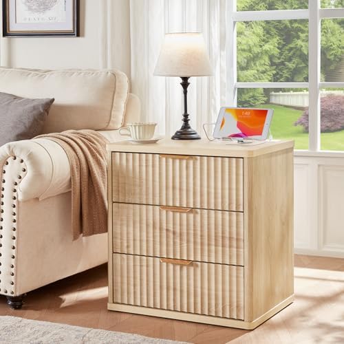 LEYAOYAO Fluted Nightstand with Charging Station, 23" Modern Night Stand with Woodgrain Top, 3 Drawers End Table w/Storage, Bedside Tables for Bedroom, Living Room, Curved Profile Design,Wood - Image 4