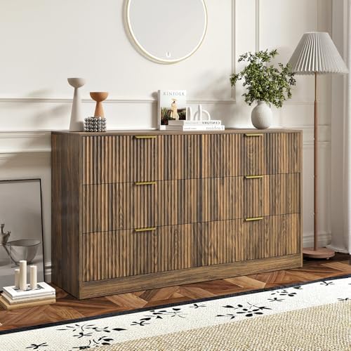 Walnut 6 Drawer Dresser for Bedroom, 55'' Wide Wood Chest of Drawers, Modern Fluted Bedroom Dressers with Drawers, Large Dresser TV Stand Mid Century Double Dresser for Living Room, Hallway by Provideyouwithbestproduct%EF%BC%81