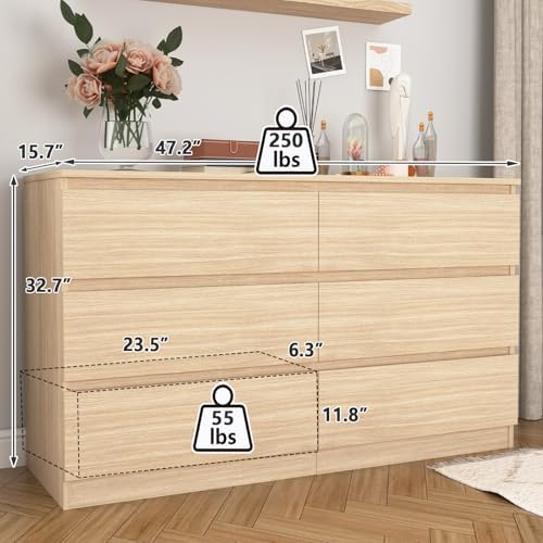 Vibe & Dine 6 Drawer Double Dresser, Modern Chest of Drawers with Wide Storage for Closet, Bedroom, Living Room, Natural Wood - Image 3