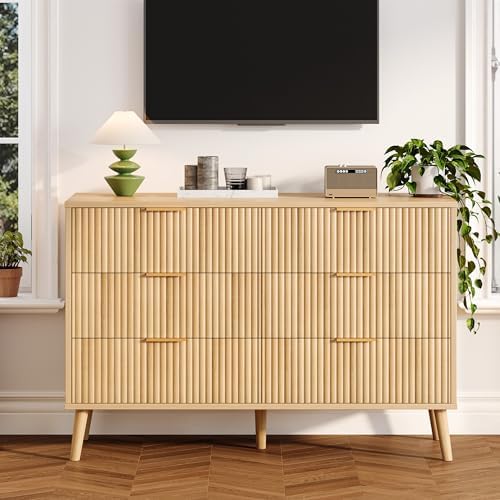 Fluted 6 Drawers Dresser for Bedroom, Wooden Wide Chest of Drawers with Metal Handle, Dresser TV Stand, Closet Storage Organizer for Entryway, Living Room, Hallway (Natural) - Image 6